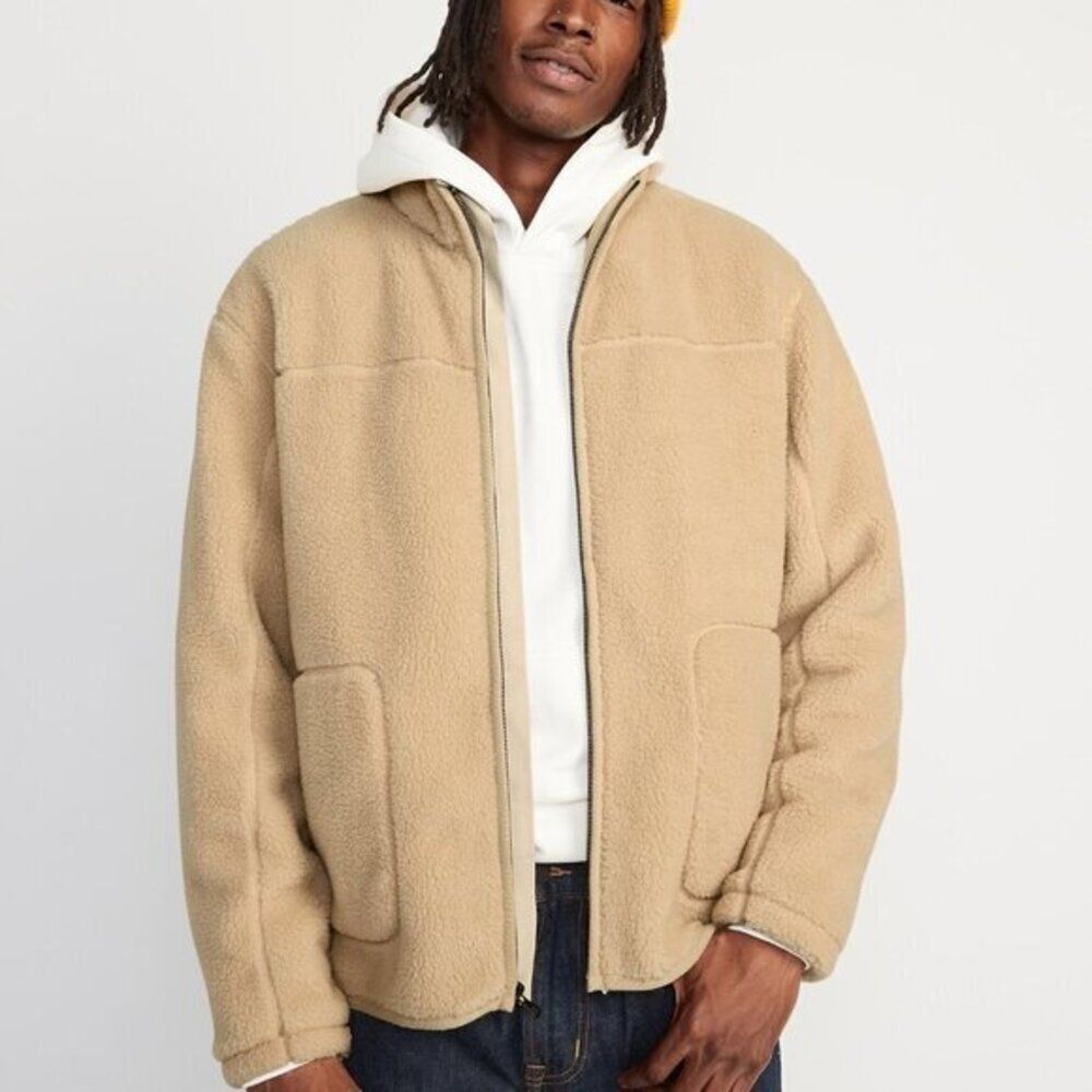 Old Navy Men's Sherpa Fleece Jacket Mock-Neck Cozy Full-Zip Winter Beige‎ XL
